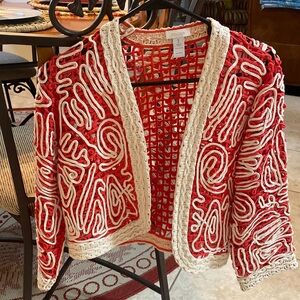 CHICO'S Coral & Cream Beautiful Open Weave Bolero Cropped Jacket - Size 1 (8-10)